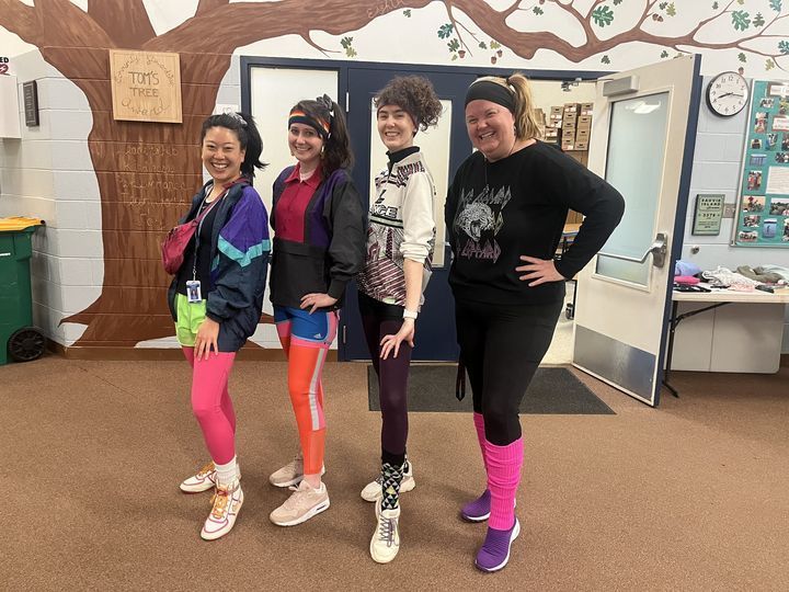 Sauvie Island teachers in brightly colored leggings and '80s era high ponytails